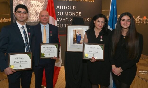 King Charles III Medal L-R Eyad Fallouh, volunteer, Parsa Famili, President, Fati Davoudi, Executive Director, Hope for Dementia with Emmanuella Lambropoulos, M.P. Saint-Laurent